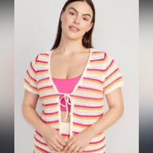 Old Navy crochet knit short sleeve cardigan with tie front womens medium